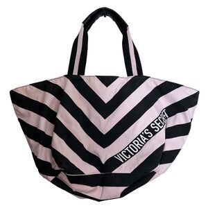 Victorias Secret Pink Black Chevron Stripe Canvas Tote‎ Bag Large Travel Gym Bag